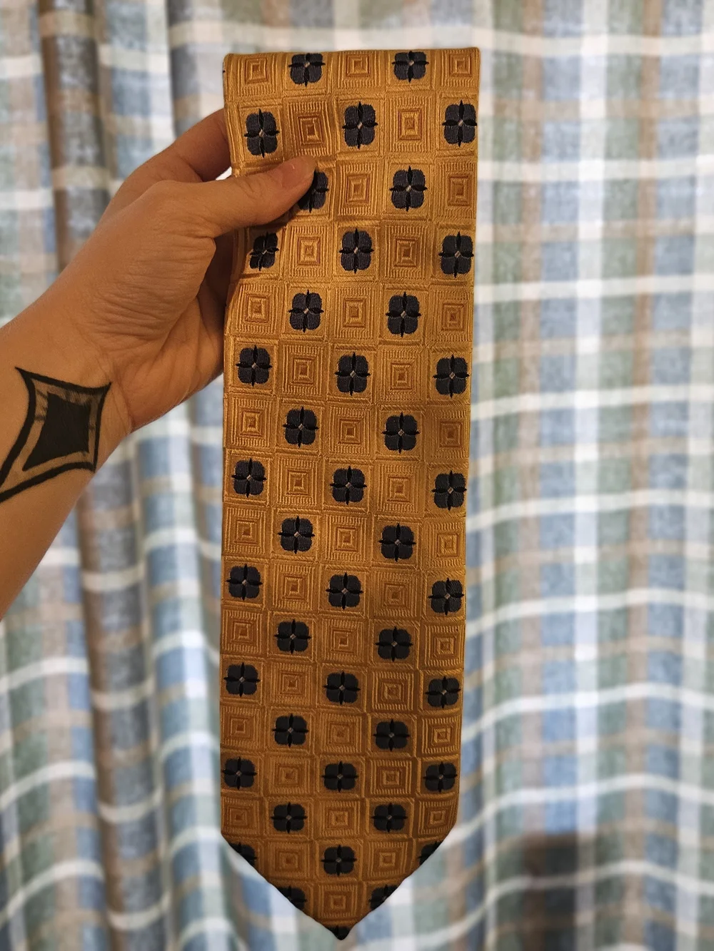 Men's Gold Patterned Silk Tie with Navy Floral Motif